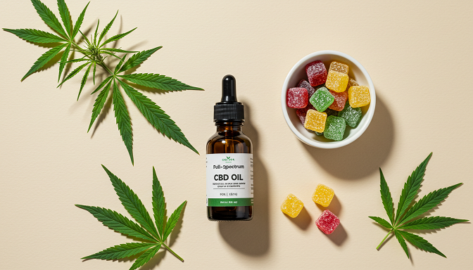 Full-spectrum CBD oil with cannabis leaves and edibles arranged for a natural wellness concept.