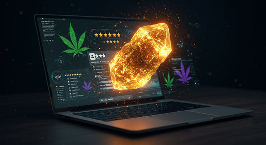 Glowing THCA Hash Crystal with Laptop Reviews and Digital Cannabis Aura.