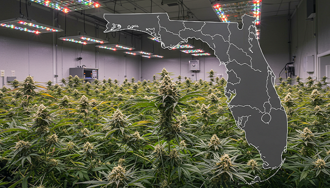 Legal marijuana cultivation facility in Florida with mature cannabis plants under grow lights.