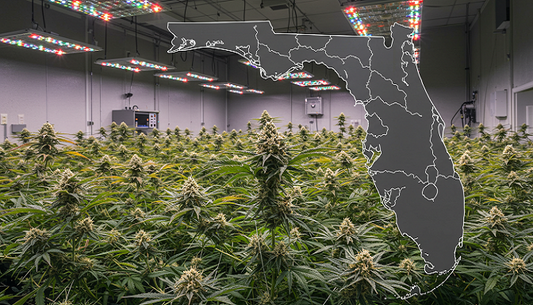 Legal marijuana cultivation facility in Florida with mature cannabis plants under grow lights.