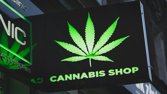 A glowing green neon sign of a cannabis leaf with the words "Cannabis Shop" mounted on the exterior of a building in an urban setting at night.