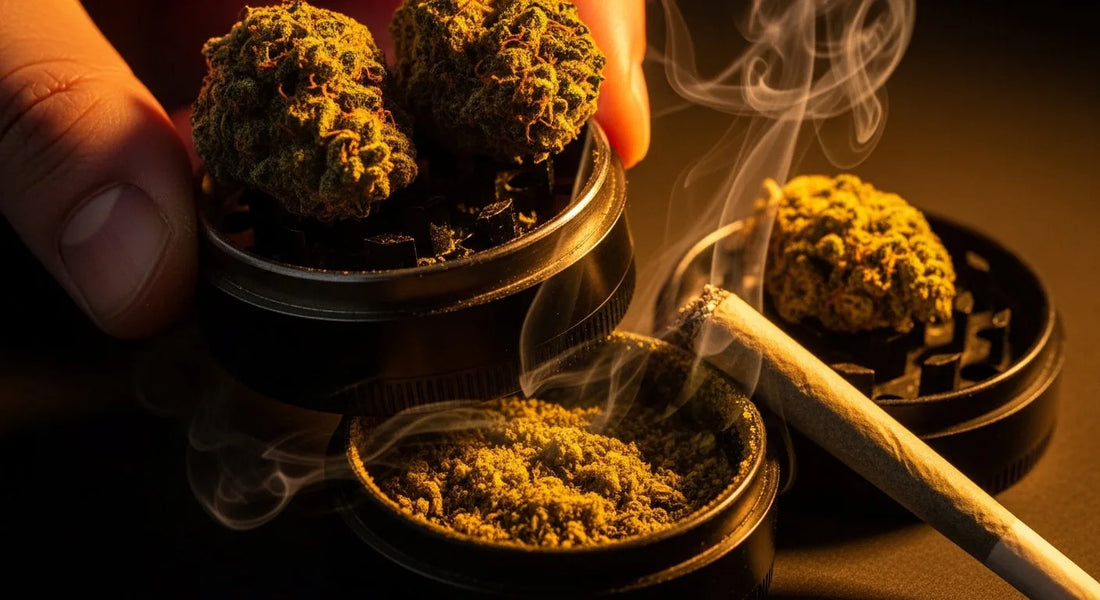 Cannabis grinder showing kief buildup and buds highlighting how trichomes collect during grinding | Hurcann