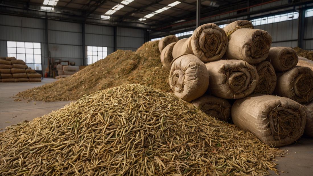 A mound of processed hemp biomass made up of dried stalks, leaves, and flowers, stored in an industrial warehouse. The fibrous material is used for biofuel, textiles, and eco-friendly products