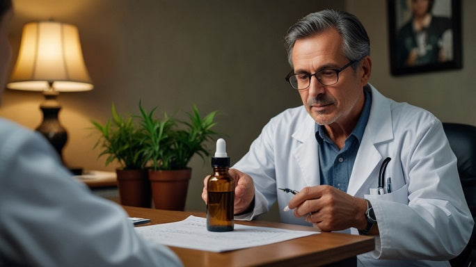 A doctor reviews cannabis research papers beside a patient with a tincture bottle in a warm hospital room for applied studies.