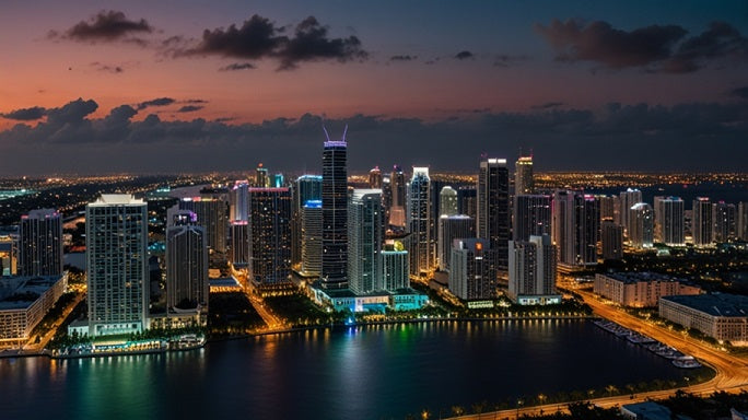 Miami’s skyline at dusk glows as five creative scenes—painting, sculpting, dancing, writing, and photography—float above in cannabis-inspired hues.