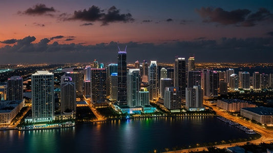 Miami’s skyline at dusk glows as five creative scenes—painting, sculpting, dancing, writing, and photography—float above in cannabis-inspired hues.