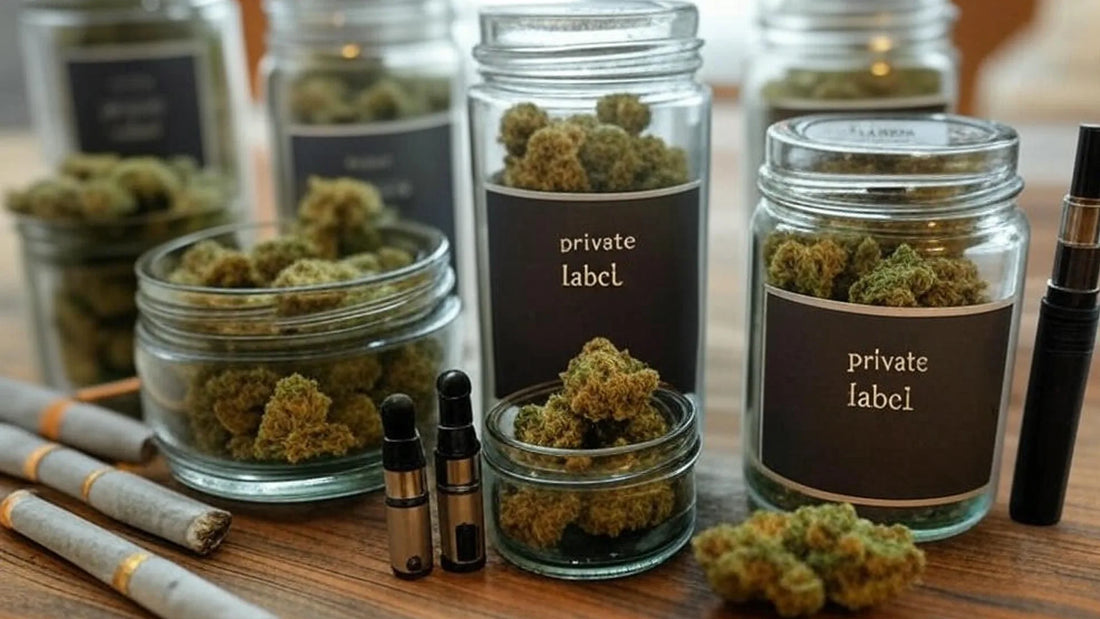A collection of cannabis products on a wooden table, including glass jars of buds, vape pens, pre-rolled joints, and loose cannabis | Hurcann