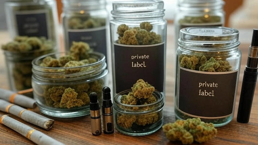 A collection of cannabis products on a wooden table, including glass jars of buds, vape pens, pre-rolled joints, and loose cannabis | Hurcann
