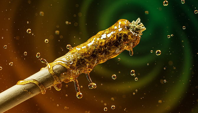 A cannabis pre-roll is dipped into golden oil, with wax and concentrate droplets splashing, against a vibrant green and amber swirl.