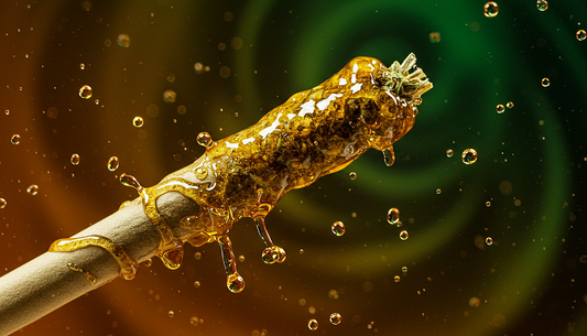A cannabis pre-roll is dipped into golden oil, with wax and concentrate droplets splashing, against a vibrant green and amber swirl.