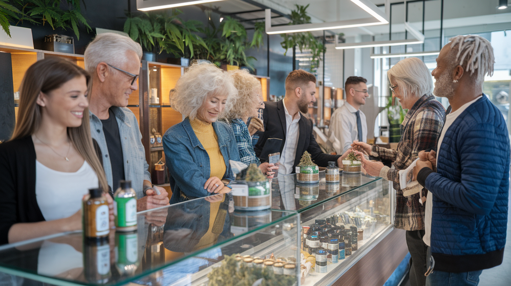 A group of diverse customers shop for CBD products at a modern dispensary counter, filled with jars and bottles. The store has a sleek design with green plants, wooden shelves, and bright lighting, creating a welcoming atmosphere.