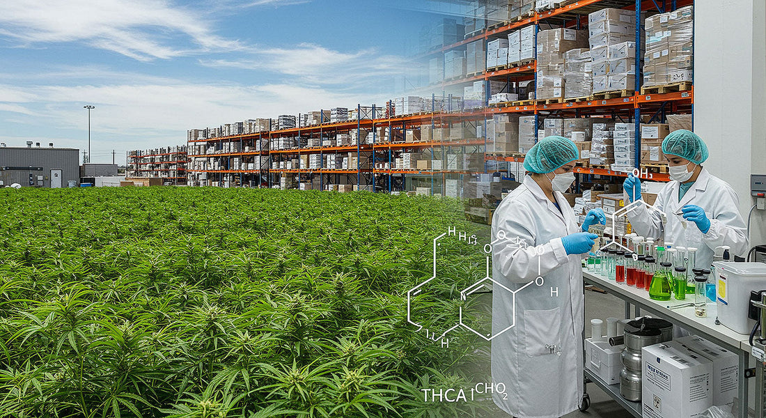 A composite image of a cannabis field, a lab testing THCA hash, a warehouse with sealed packages, and a digital overlay of THCA molecular structures.