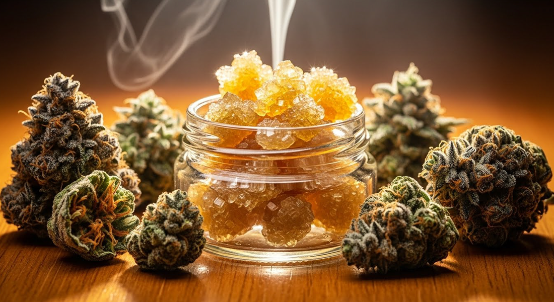 Premium THCA hash with crystalline texture, cannabis flowers, and aromatic vapor, representing potency, purity, and flavor