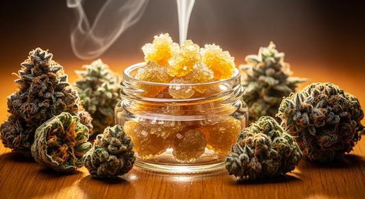 Premium THCA hash with crystalline texture, cannabis flowers, and aromatic vapor, representing potency, purity, and flavor