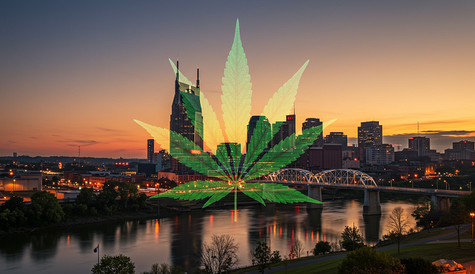 Artistic depiction of Tennessee’s city skyline at dusk with a semi-transparent cannabis leaf overlay, symbolizing the state's complex marijuana laws.