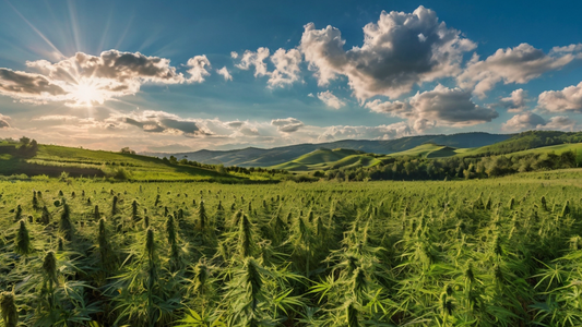 A sprawling field of tall, green hemp plants under a bright sky with scattered clouds, surrounded by rolling hills and lush greenery in the distance