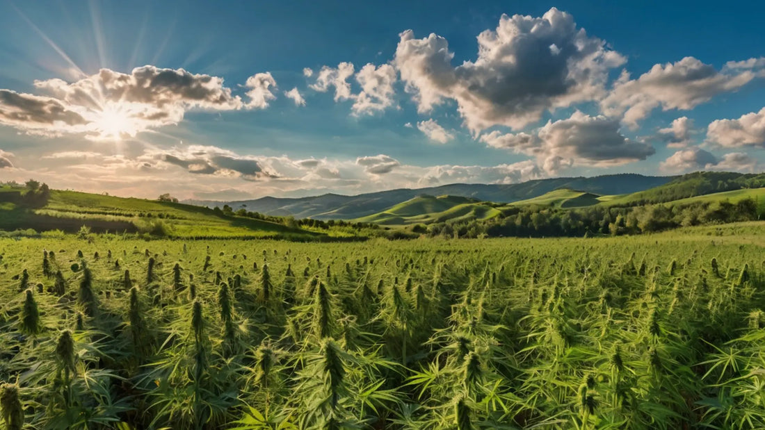 A sprawling field of tall, green hemp plants under a bright sky with scattered clouds, surrounded by rolling hills and lush greenery in the distance | Hurcann