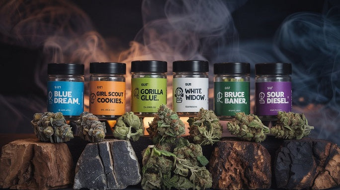 Six potent cannabis strains—Blue Dream, Girl Scout Cookies, Gorilla Glue, White Widow, Bruce Banner, Sour Diesel—glow in jars against a smoky cosmic background | Hurcann