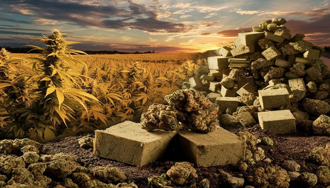 A cinematic view of a historical hash-making process, showing a golden cannabis field fading into a pile of hash blocks under a dramatic sunset sky with rich textures | Hurcann