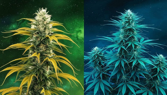 A dynamic comparison of sativa and indica strains, with tall sativa plants bursting with golden energy on one side and bushy indica plants exuding deep blue calm on the other, set against a cosmic green sky.