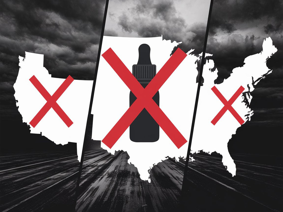 Three state outlines in black and white, each marked with a red 'X' over a CBD bottle, stand against a stormy sky in a dramatic split-screen.