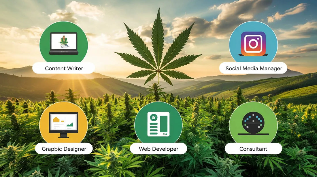 A dynamic collage of five remote cannabis job icons—content writer, social media manager, graphic designer, web developer, consultant—glows over a lush cannabis field under a golden sky | Hurcann