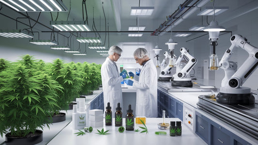 A futuristic cannabis manufacturing facility displaying cultivation, lab testing, and automated packaging, showcasing the full process from plant to final product.