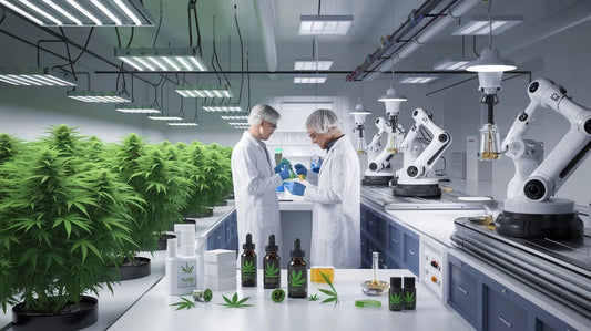 A futuristic cannabis manufacturing facility displaying cultivation, lab testing, and automated packaging, showcasing the full process from plant to final product | Hurcann