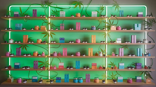 A dynamic dispensary shelf displays varied cannabis packages—jars, boxes, and pens—in vivid colors, with hemp leaves swirling against a neon green backdrop.