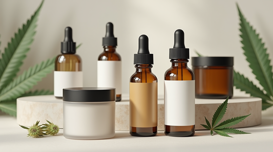 A collection of empty cannabis product bottles with blank labels, including amber glass dropper bottles, frosted glass jars, and matte black containers, arranged on a neutral surface with soft lighting and subtle cannabis leaves in the background