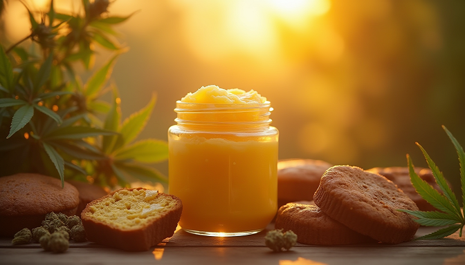 Cannabis butter in a glass jar is surrounded by baked goods and hemp leaves, glowing in rich golden hues under a dreamy sunset.