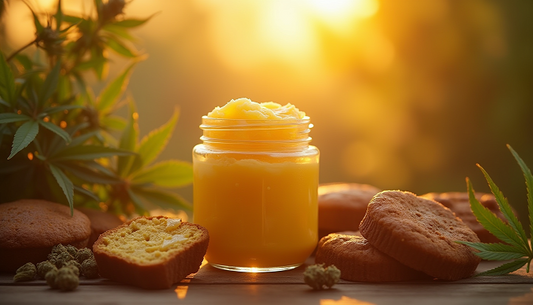 Cannabis butter in a glass jar is surrounded by baked goods and hemp leaves, glowing in rich golden hues under a dreamy sunset.