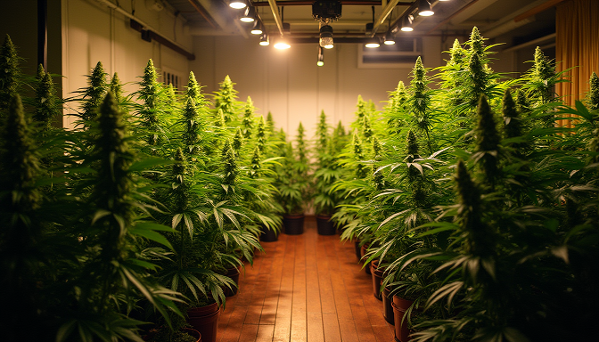 A lush home cannabis garden features towering weed plants under grow lights, with vibrant greens and a dreamy golden hour glow on a wooden floor.