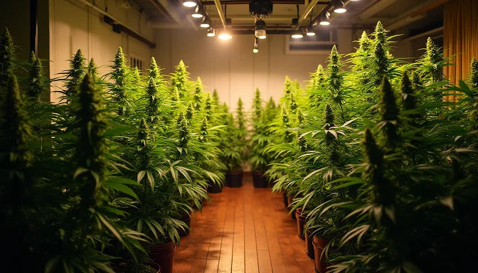 A lush home cannabis garden features towering weed plants under grow lights, with vibrant greens and a dreamy golden hour glow on a wooden floor | Hurcann