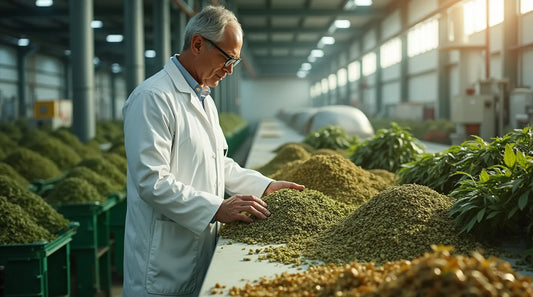 A scientist in a white lab coat examines piles of processed hemp biomass in an industrial facility, with fresh hemp plants and machinery in the background | Hurcann
