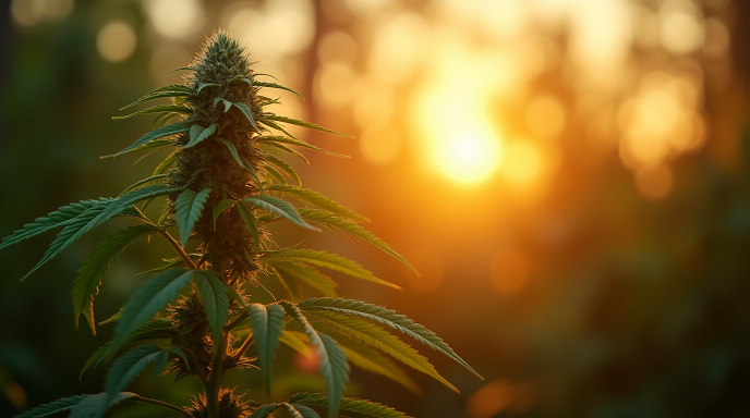 A serene scene of a cannabis plant glowing under a golden sunrise, with medical symbols like a stethoscope and prescription bottle fading into the background.