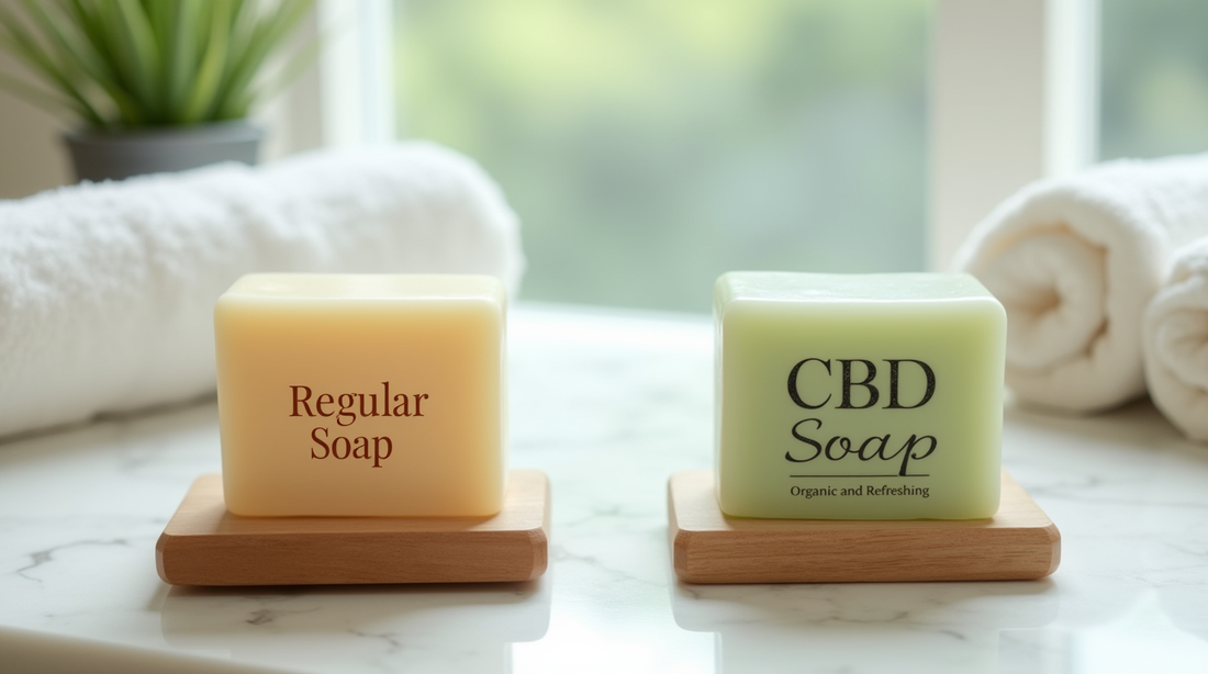 A bathroom counter displays a black bottle of Aesop hand soap with rosemary and lavender scents, a small amber bottle, and a white box containing CBD soap bars. The background features textured beige tiles, creating a minimalist and elegant setting.