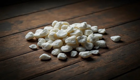 White Delta-8 Ice Caps CBD stones scatter across a wooden table | Hurcann