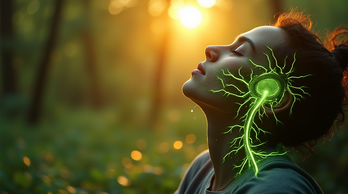 Cannabis oil droplets fall onto a nerve diagram, fading pain into green calm, as a person relaxes against a sunset backdrop.