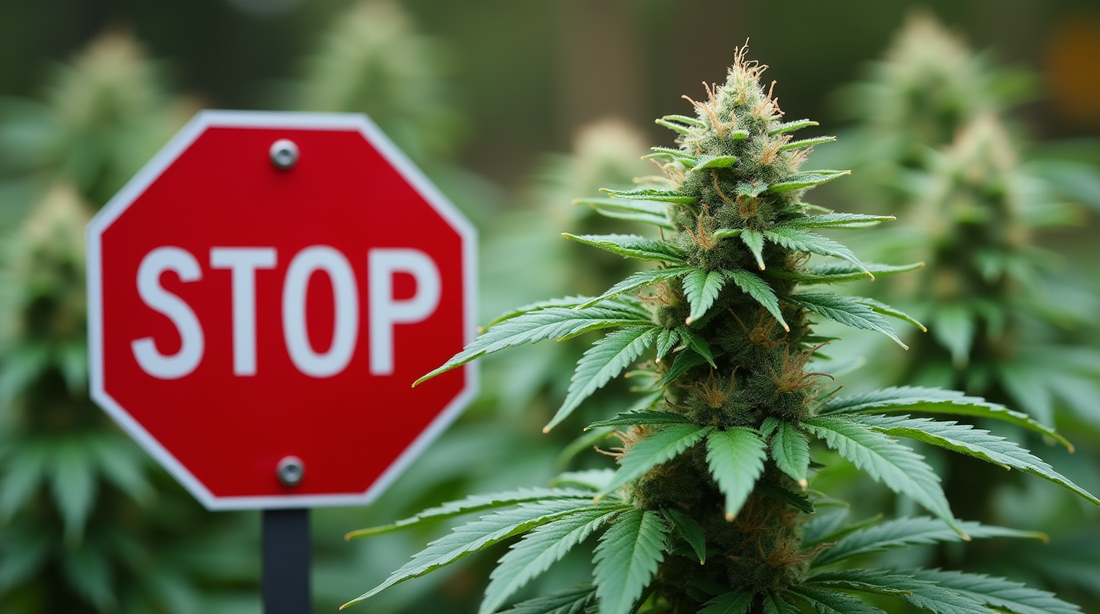 Red stop sign placed in front of a lush green cannabis plant, symbolizing restrictions or caution in cannabis use
