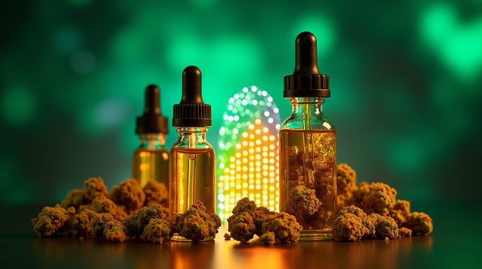 Cannabis oil tools—vials, droppers, edibles, and a vape pen—surround a glowing potency chart against a cosmic green backdrop.