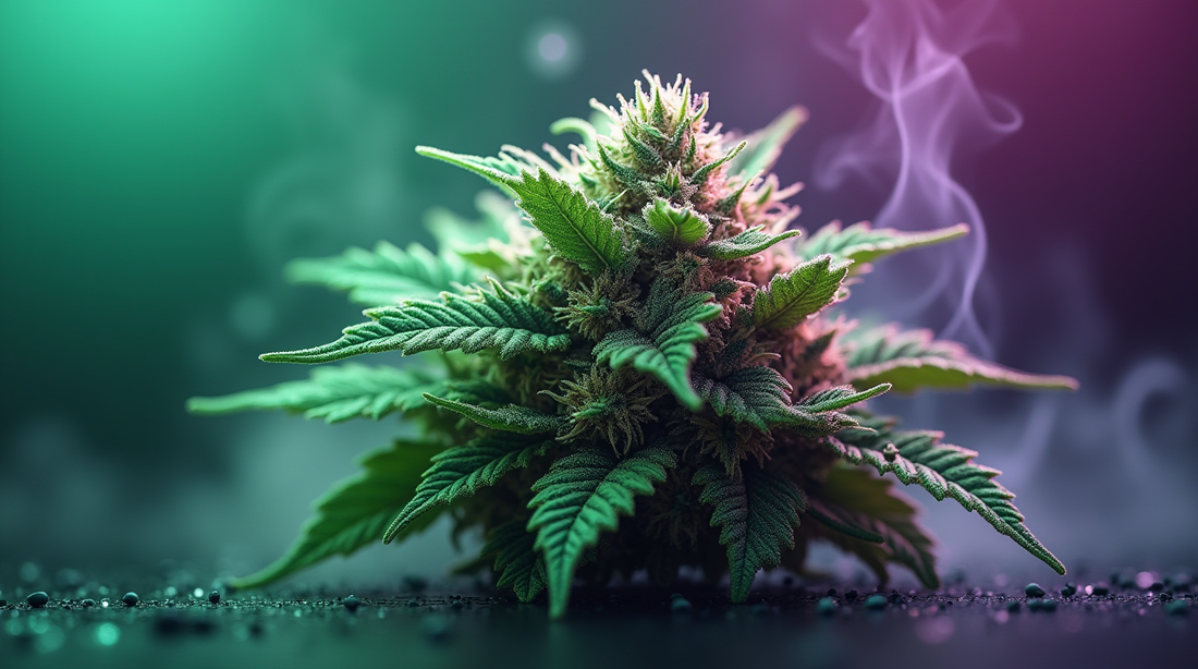 A vibrant digital illustration of a cannabis bud covered in glistening trichomes, set against a dynamic green and purple gradient background with abstract smoke swirls