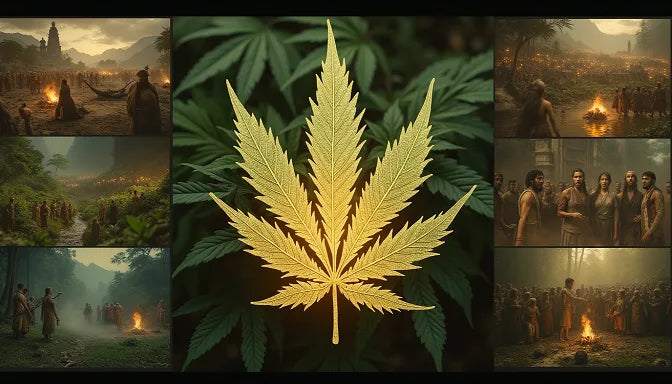 A wide, historical montage of cannabis origins, showing ancient China, the Hindu Kush, and shamanic rituals, with a giant cannabis leaf overlay and a glowing "Origins" title | Hurcann