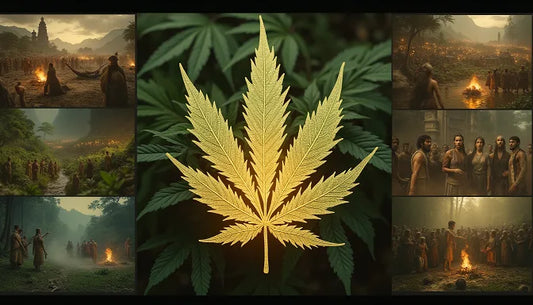 A wide, historical montage of cannabis origins, showing ancient China, the Hindu Kush, and shamanic rituals, with a giant cannabis leaf overlay and a glowing "Origins" title | Hurcann