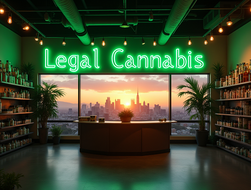 Cannabis dispensary with "Legal Cannabis" banner and CBD ice caps at sunrise.