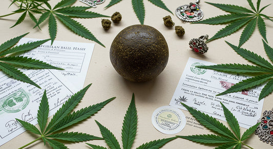 Afghan temple ball hash with cannabis leaves, lab certificate, and Afghan cultural elements in a flat lay.