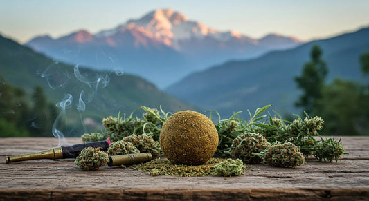 Temple ball hash with cannabis flowers and Himalayan background representing tradition and modern use | Hurcann