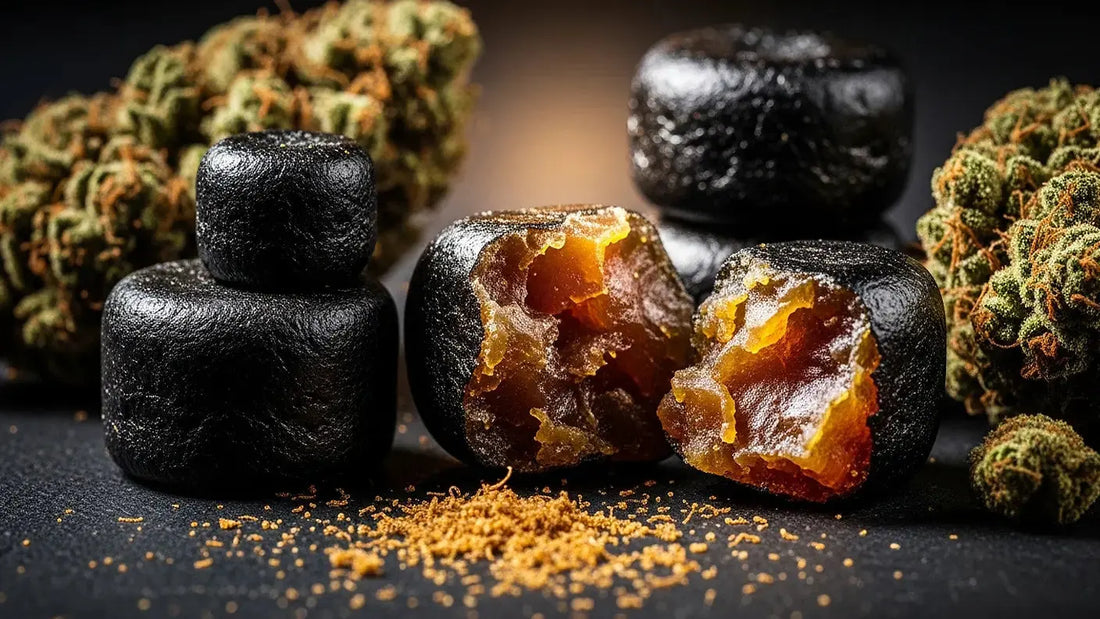 Premium Afghani hash blocks with cannabis flowers and trichome powder representing traditional cannabis concentrates | Hurcann