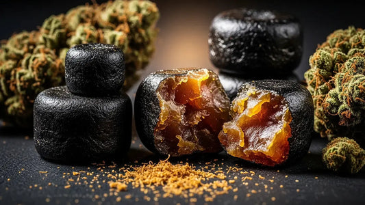 Premium Afghani hash blocks with cannabis flowers and trichome powder representing traditional cannabis concentrates | Hurcann