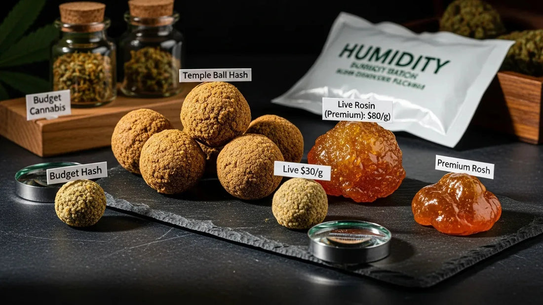 Side by side comparison of hashish balls and live rosin with pricing tools | Hurcann
